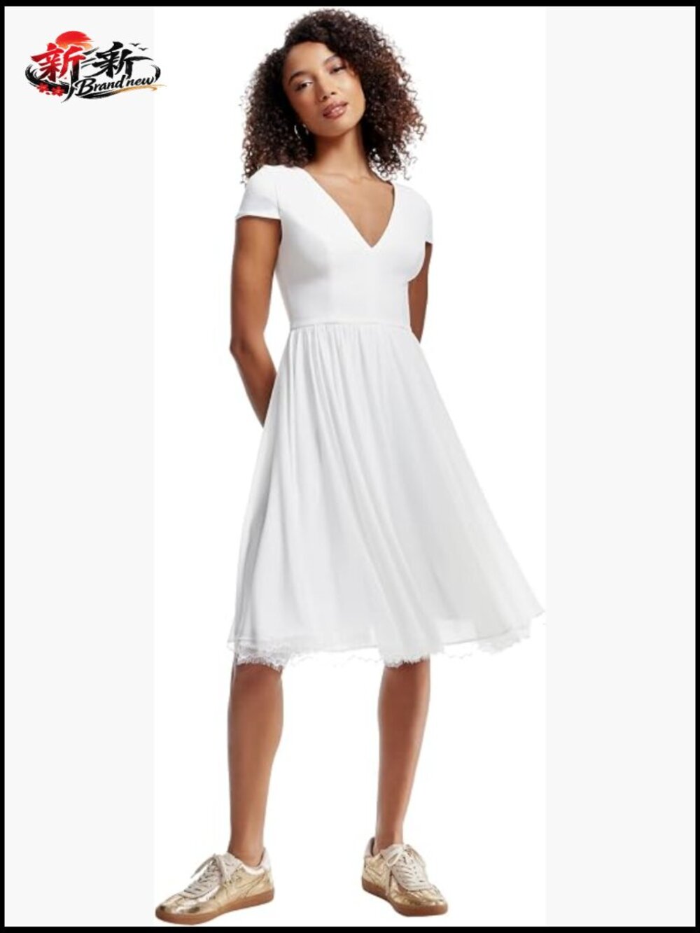 Lace Trim Chiffon Cocktail Dress V-Neck Cap Sleeve A-Line Midi